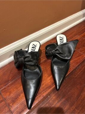 Zara Black Pointed Bow Mules with Knot Detail